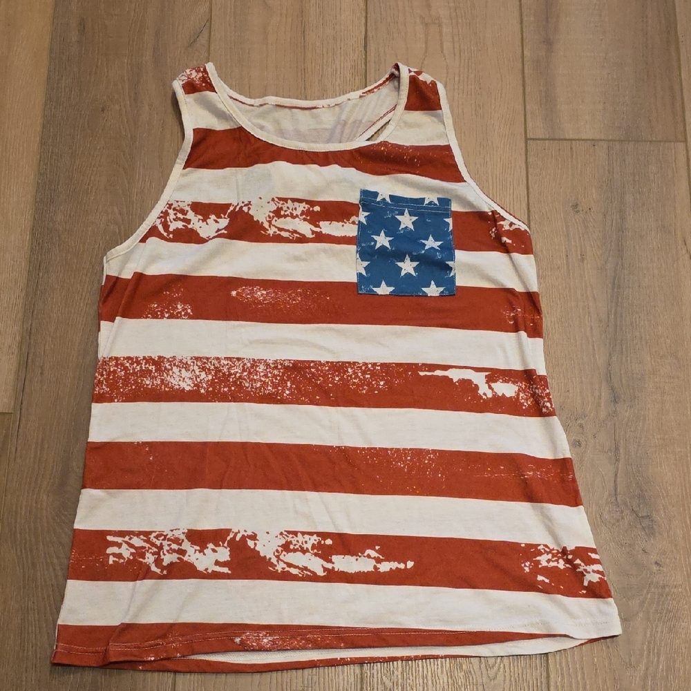 American Flag Red and White Striped Racerback Tank Top with Star Pocket Size Med